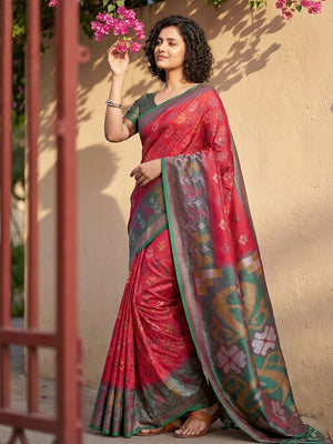 Classic Red Ikkat Inspired Silk Blend Saree Featuring Traditional Zari Weaving Work - Image 1