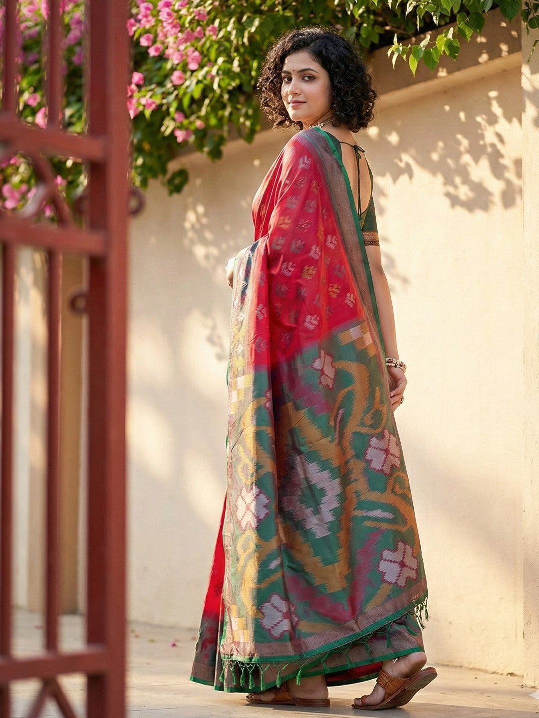 Classic Red Ikkat Inspired Silk Blend Saree Featuring Traditional Zari Weaving Work - Image 3
