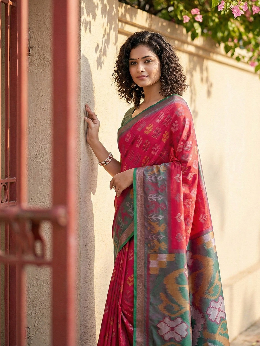 Classic Red Ikkat Inspired Silk Blend Saree Featuring Traditional Zari Weaving Work - Image 2