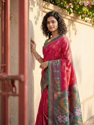 Classic Red Ikkat Inspired Silk Blend Saree Featuring Traditional Zari Weaving Work - Image 2