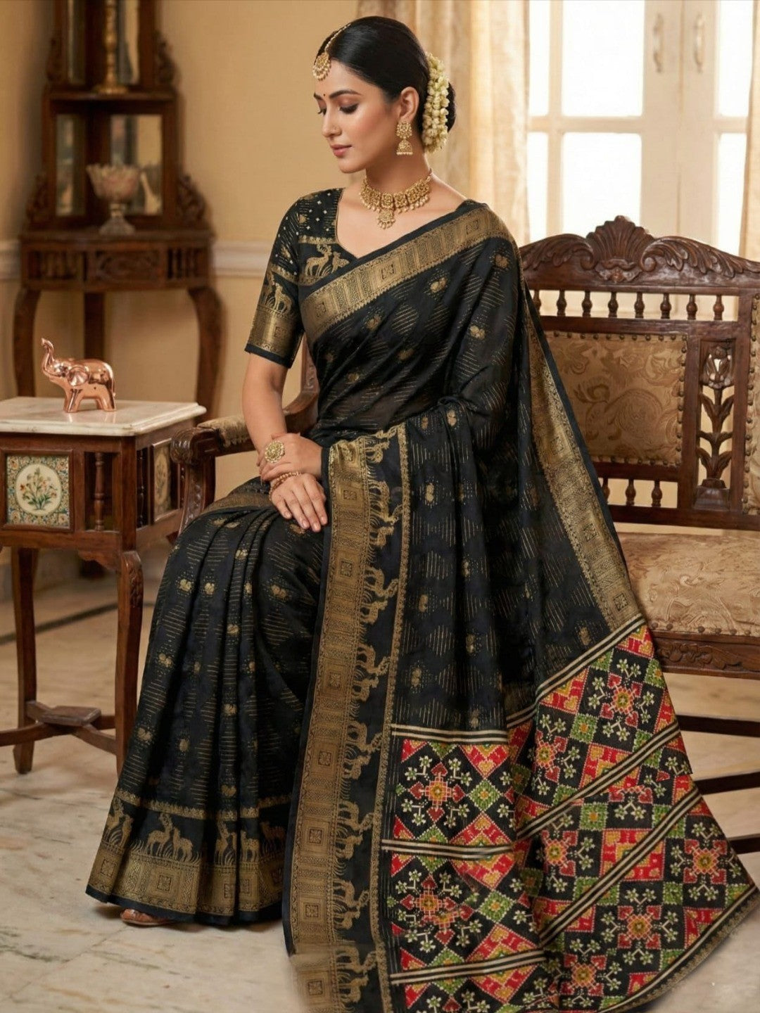Royal Black Georgette Saree with Detailed Golden Woven Border Finish - Image 1
