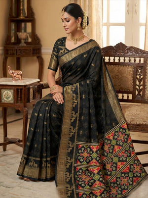 Royal Black Georgette Saree with Detailed Golden Woven Border Finish - Image 1