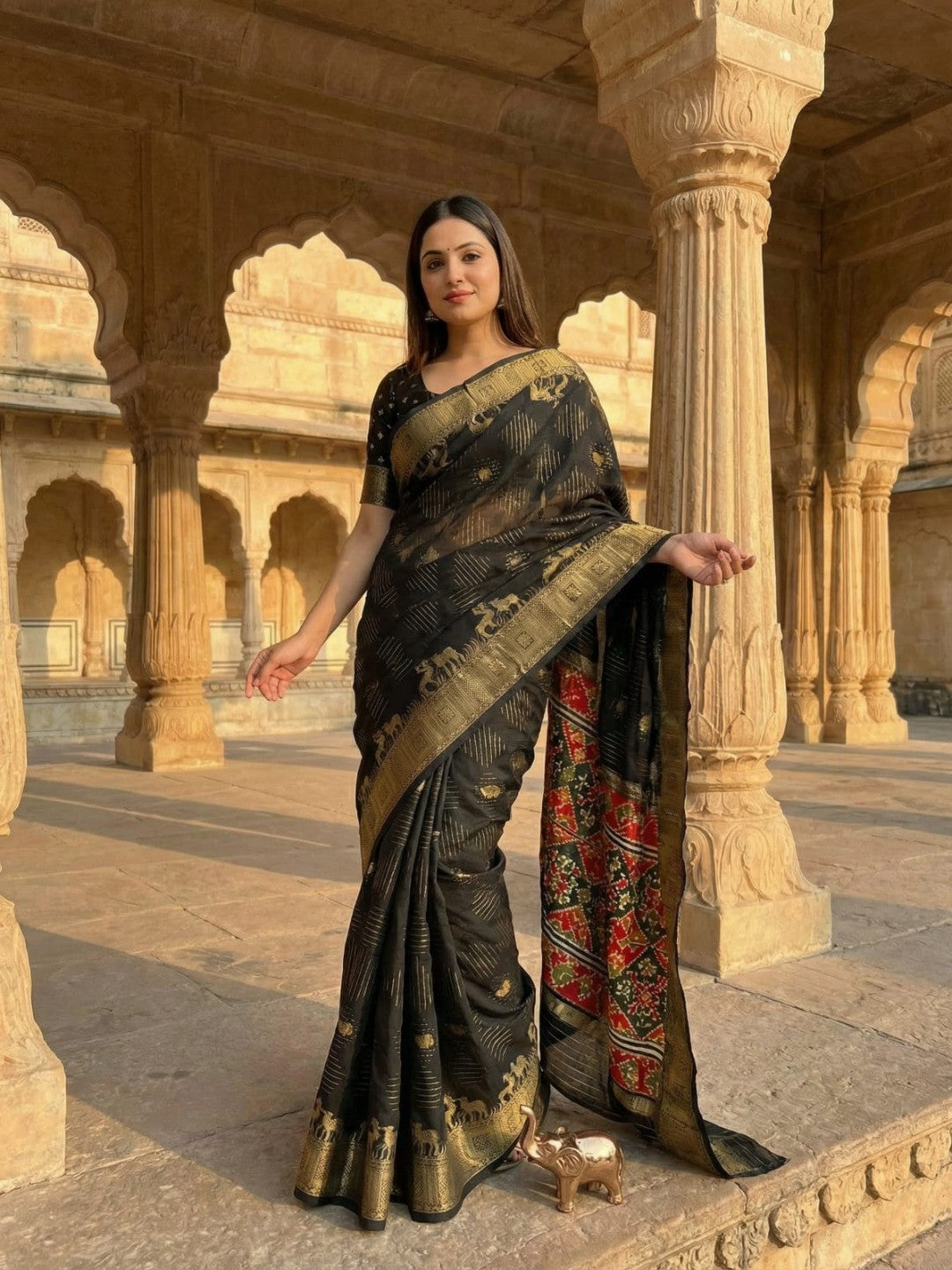Royal Black Georgette Saree with Detailed Golden Woven Border Finish - Image 6
