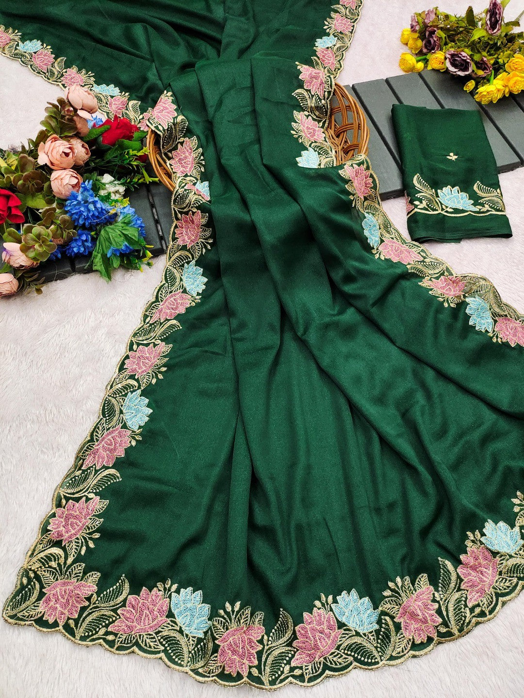Designer Green Tussar Silk Saree with Premium Floral Embroidered Border Work - Image 4