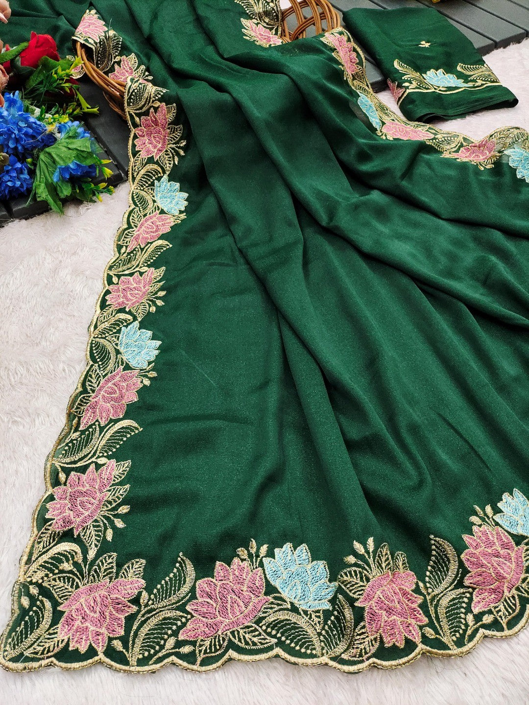 Designer Green Tussar Silk Saree with Premium Floral Embroidered Border Work - Image 3