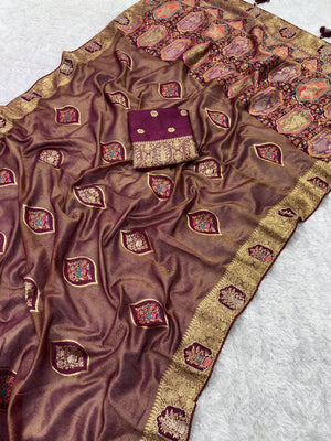 Elegant Wine Floral Woven Nylon Tissue Jacquard Saree Adorned With Intricate Zarkan Work - Image 2