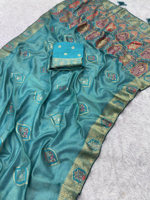 Elegant Rama Blue Floral Woven Nylon Tissue Jacquard Saree Adorned With Intricate Zarkan Work - Image 2