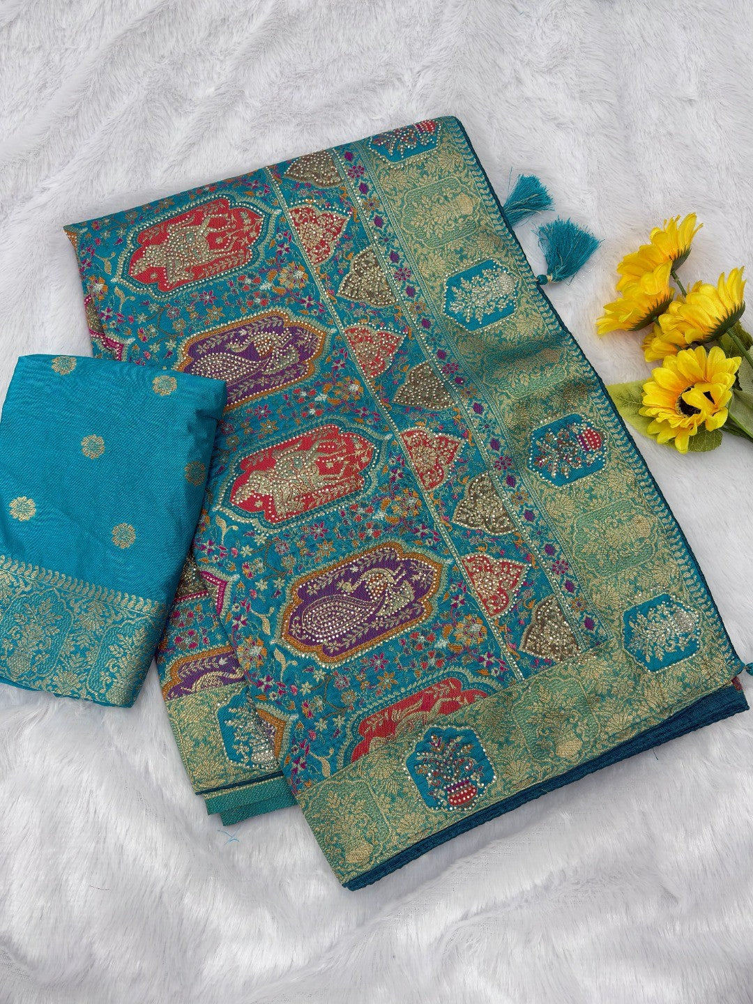 Elegant Rama Blue Floral Woven Nylon Tissue Jacquard Saree Adorned With Intricate Zarkan Work - Image 4