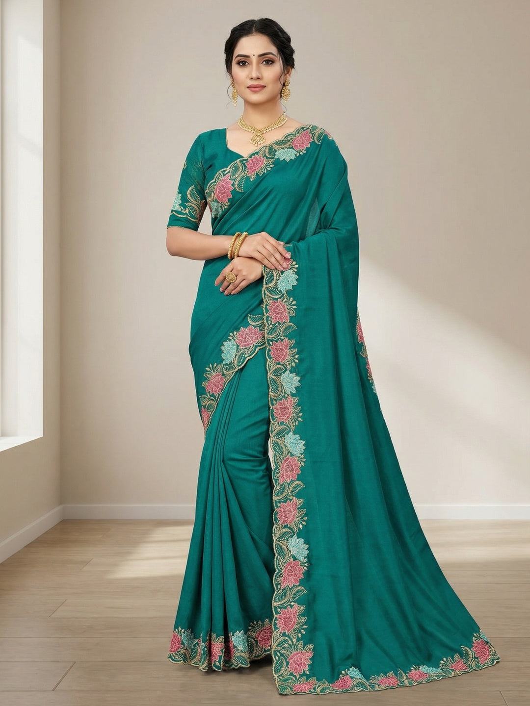 Designer Rama Green Tussar Silk Saree with Premium Floral Embroidered Border Work - Image 1