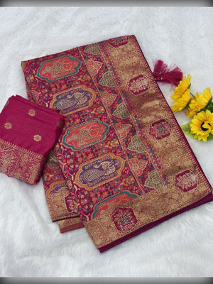 Elegant Magenta Floral Woven Nylon Tissue Jacquard Saree Adorned With Intricate Zarkan Work - Image 2