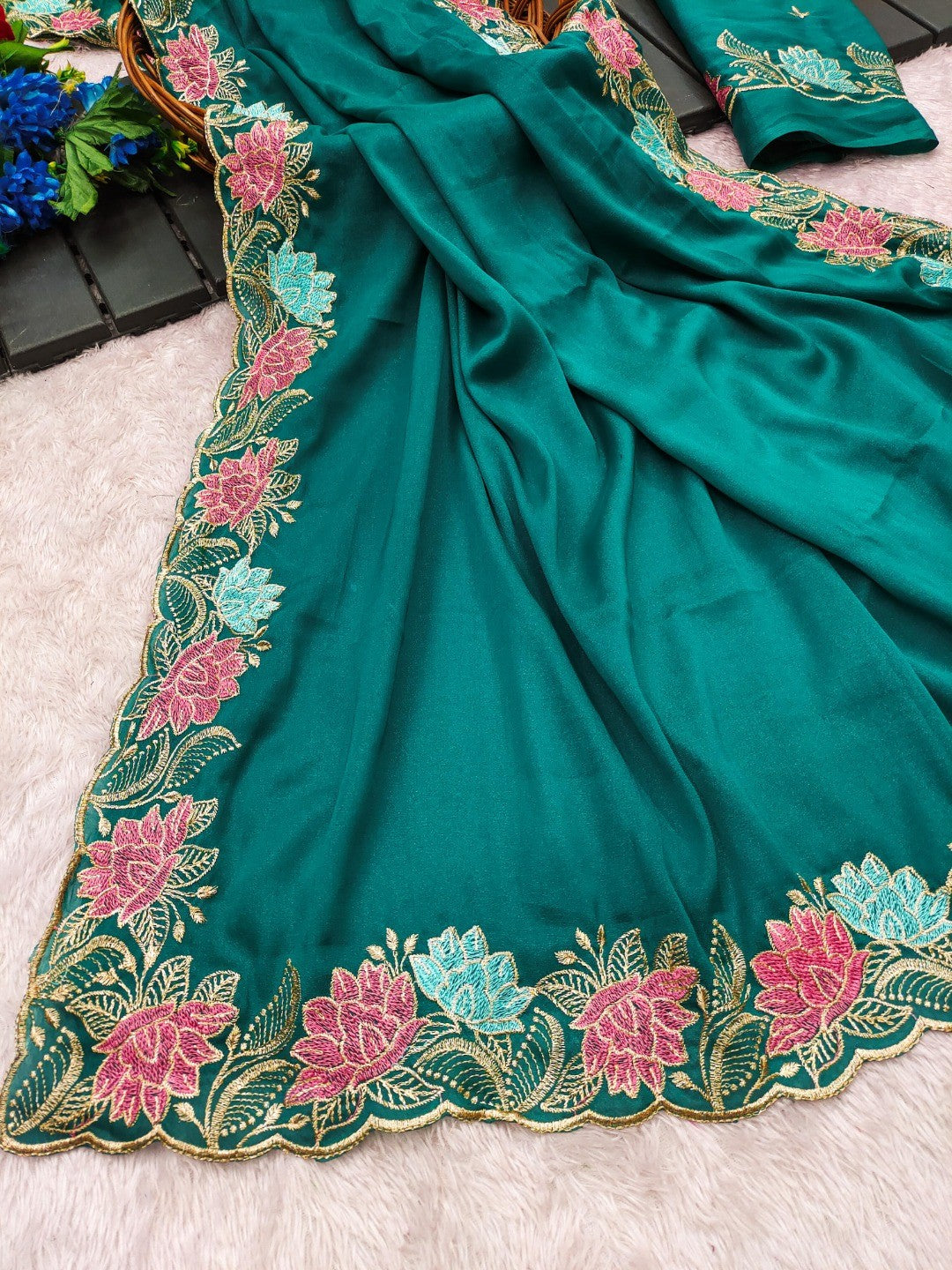 Designer Rama Green Tussar Silk Saree with Premium Floral Embroidered Border Work - Image 3