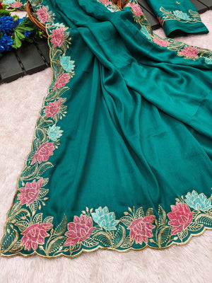 Designer Rama Green Tussar Silk Saree with Premium Floral Embroidered Border Work - Image 2