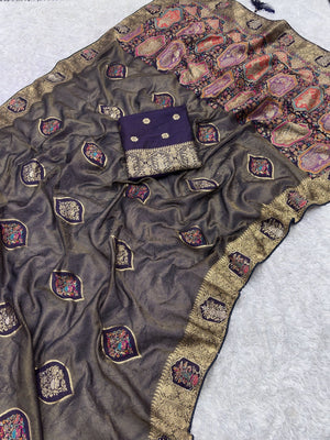 Elegant Dark Purple Floral Woven Nylon Tissue Jacquard Saree Adorned With Intricate Zarkan Work - Image 2