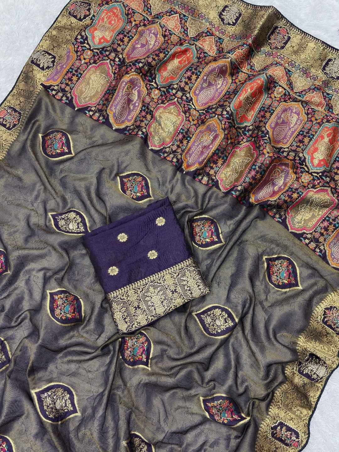 Elegant Dark Purple Floral Woven Nylon Tissue Jacquard Saree Adorned With Intricate Zarkan Work - Image 2