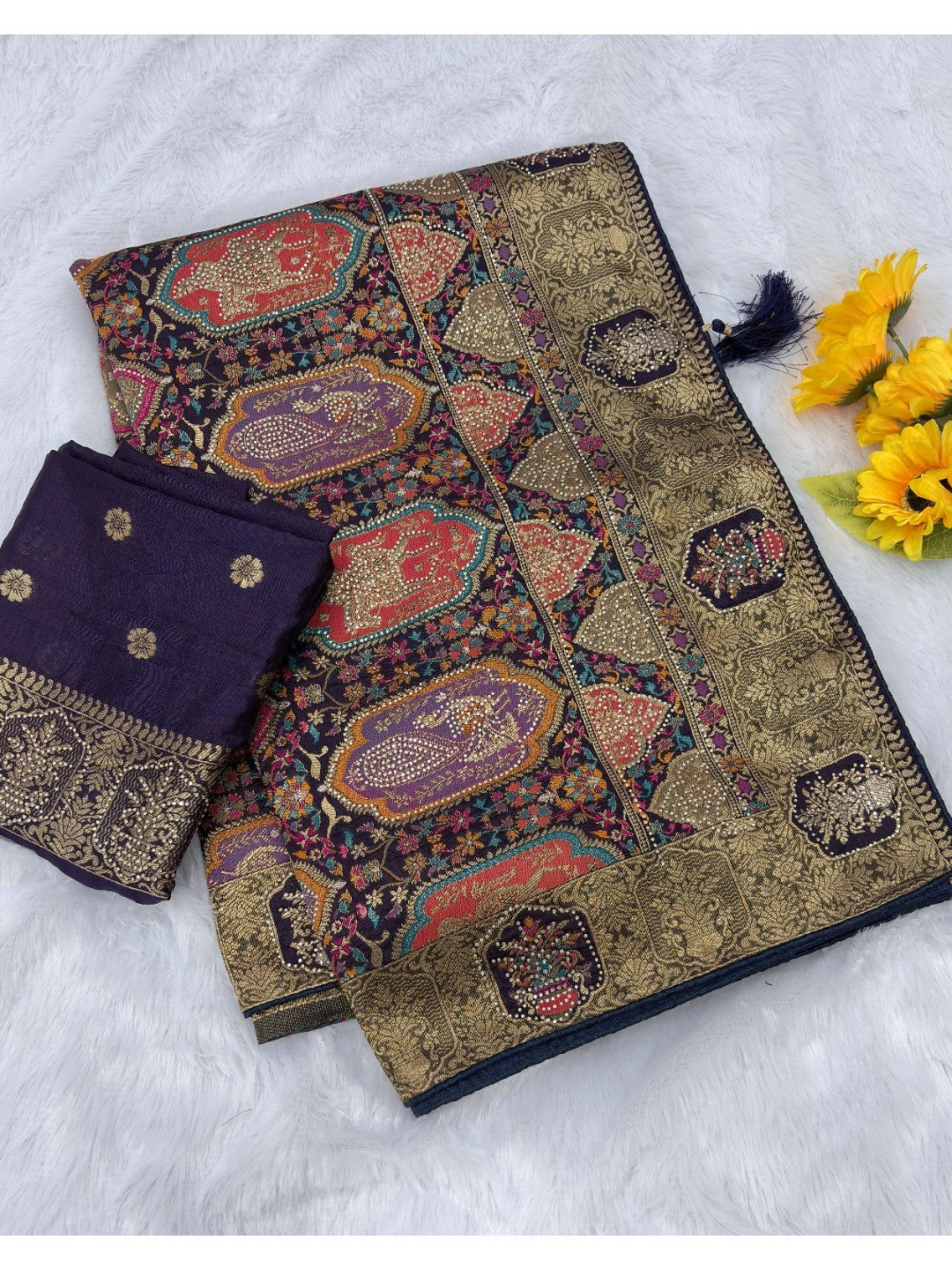 Elegant Dark Purple Floral Woven Nylon Tissue Jacquard Saree Adorned With Intricate Zarkan Work - Image 4