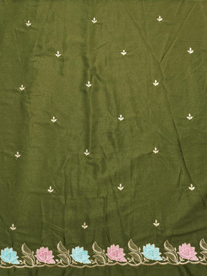 Designer Mehendi Green Tussar Silk Saree with Premium Floral Embroidered Border Work - Image 2