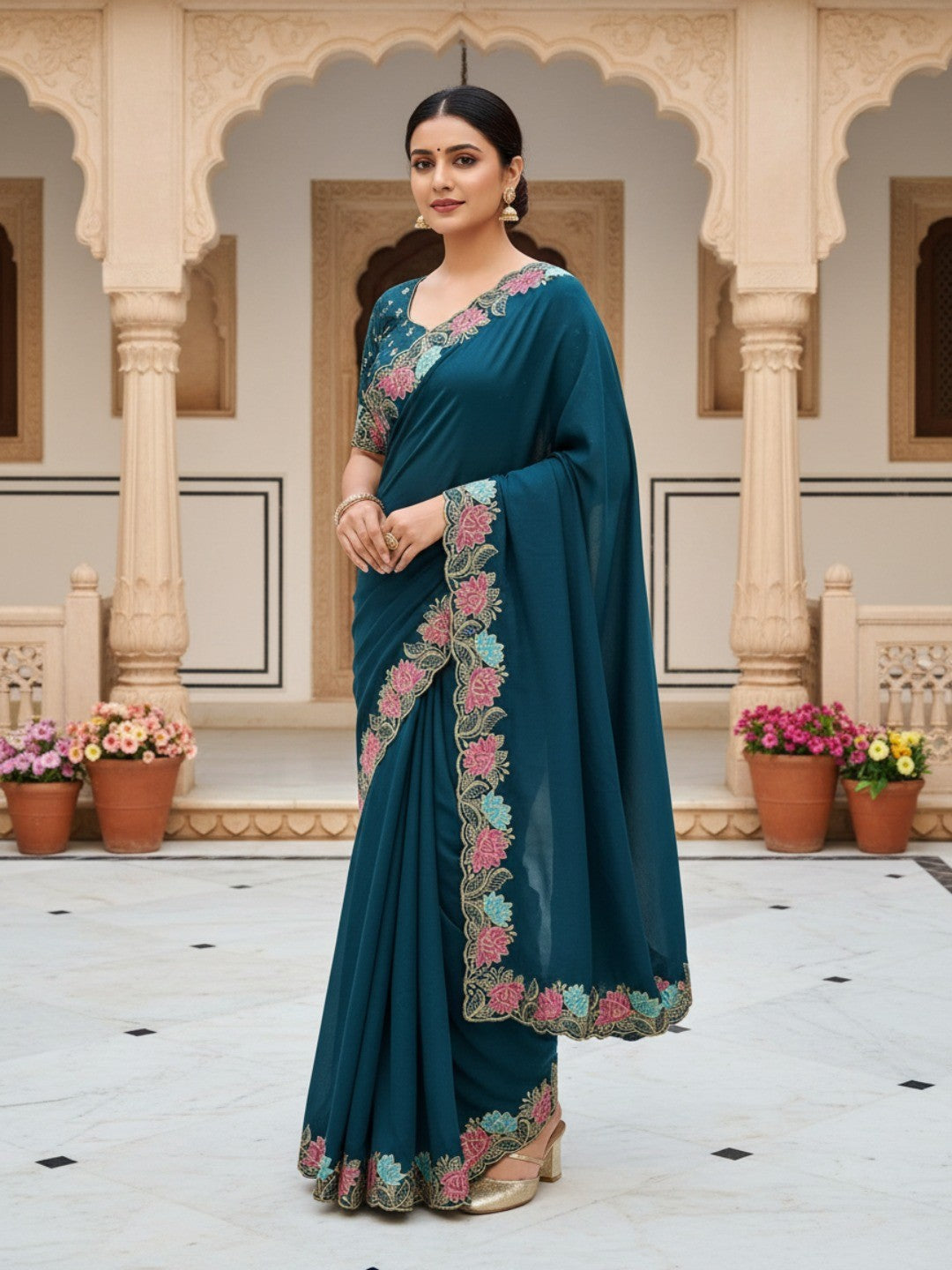 Designer Blue Tussar Silk Saree with Premium Floral Embroidered Border Work - Image 1