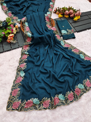 Designer Blue Tussar Silk Saree with Premium Floral Embroidered Border Work - Image 2