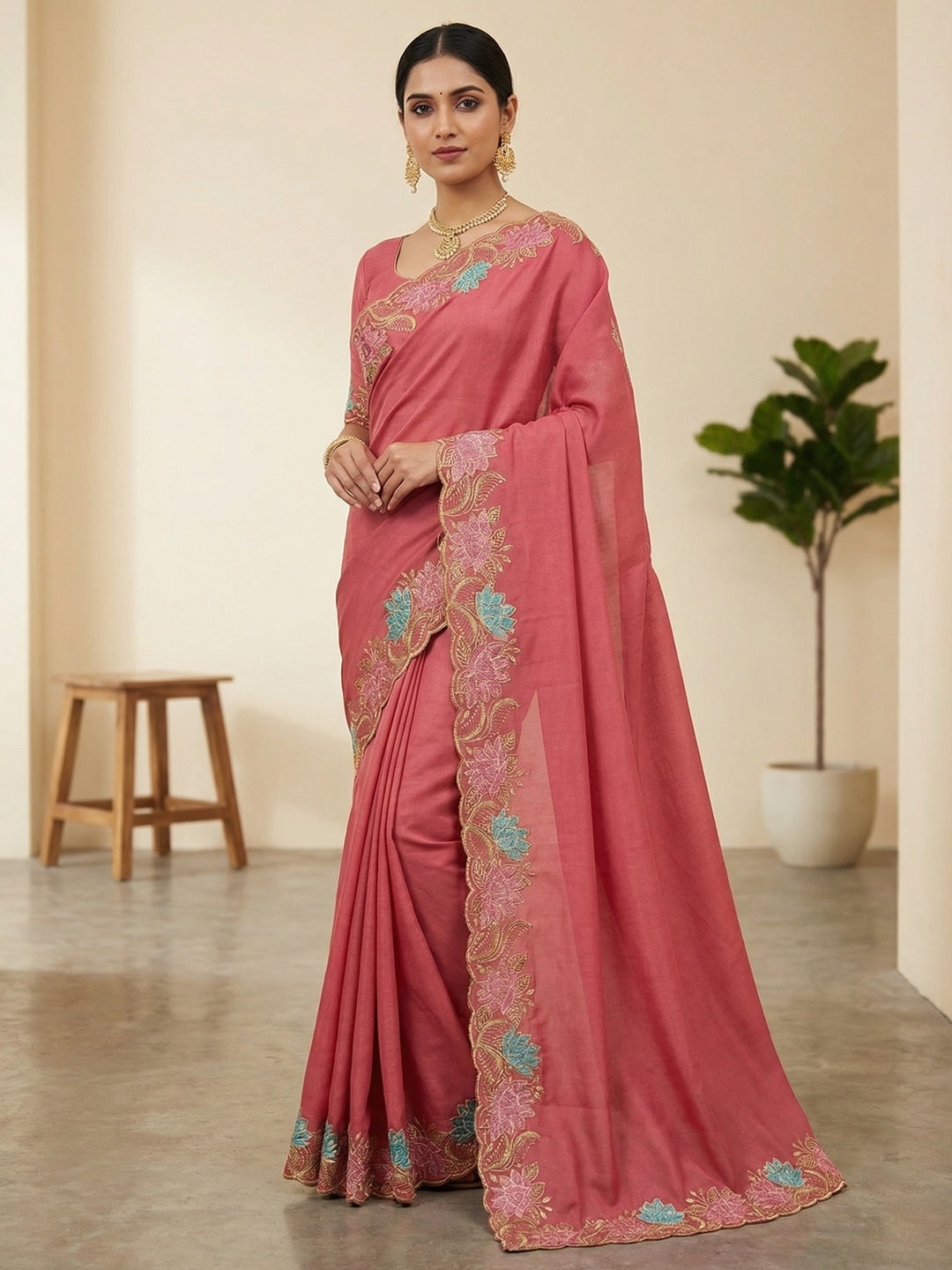 Designer Peach Tussar Silk Saree with Premium Floral Embroidered Border Work - Image 1