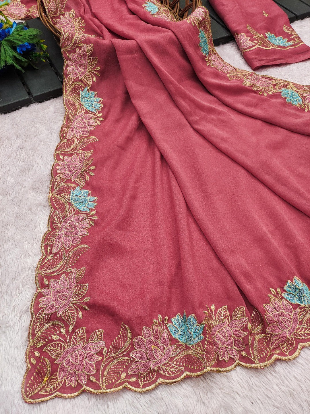 Designer Peach Tussar Silk Saree with Premium Floral Embroidered Border Work - Image 3