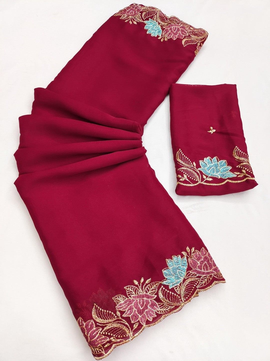Designer Dark Pink Tussar Silk Saree with Premium Floral Embroidered Border Work - Image 5