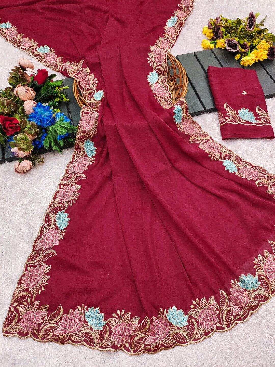 Designer Dark Pink Tussar Silk Saree with Premium Floral Embroidered Border Work - Image 4