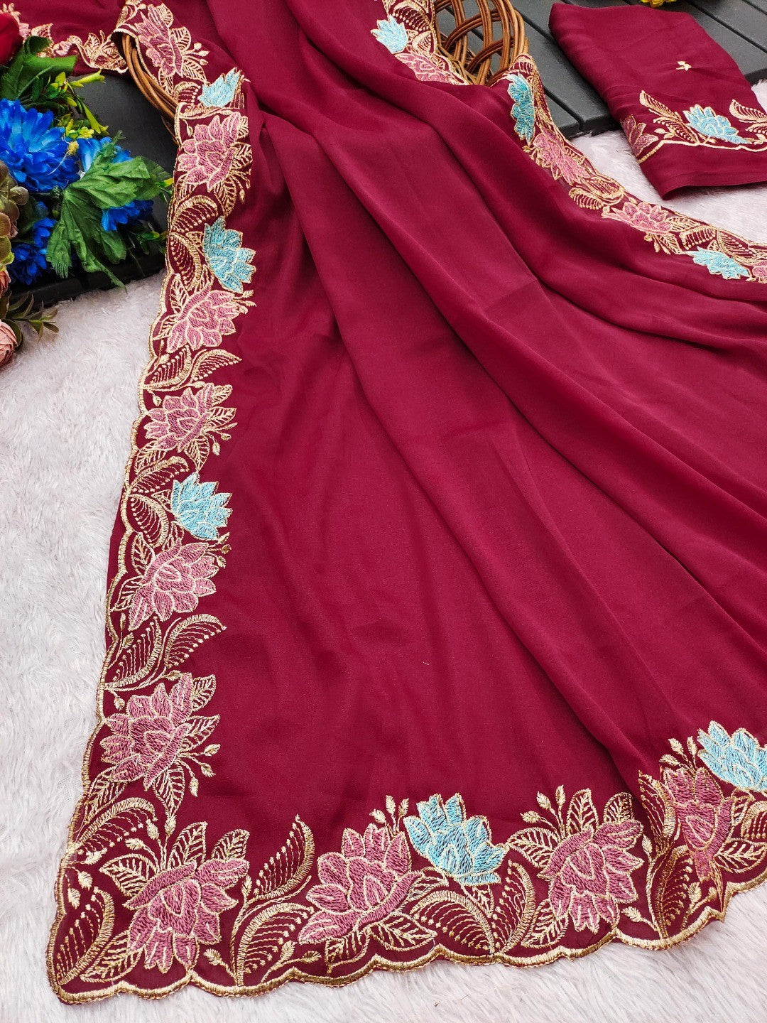 Designer Dark Pink Tussar Silk Saree with Premium Floral Embroidered Border Work - Image 3