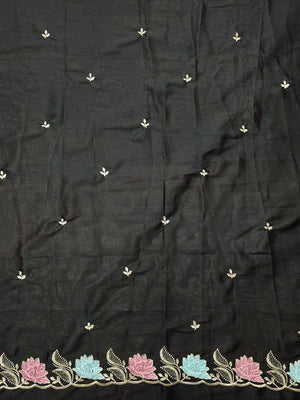 Designer Black Tussar Silk Saree with Premium Floral Embroidered Border Work - Image 2