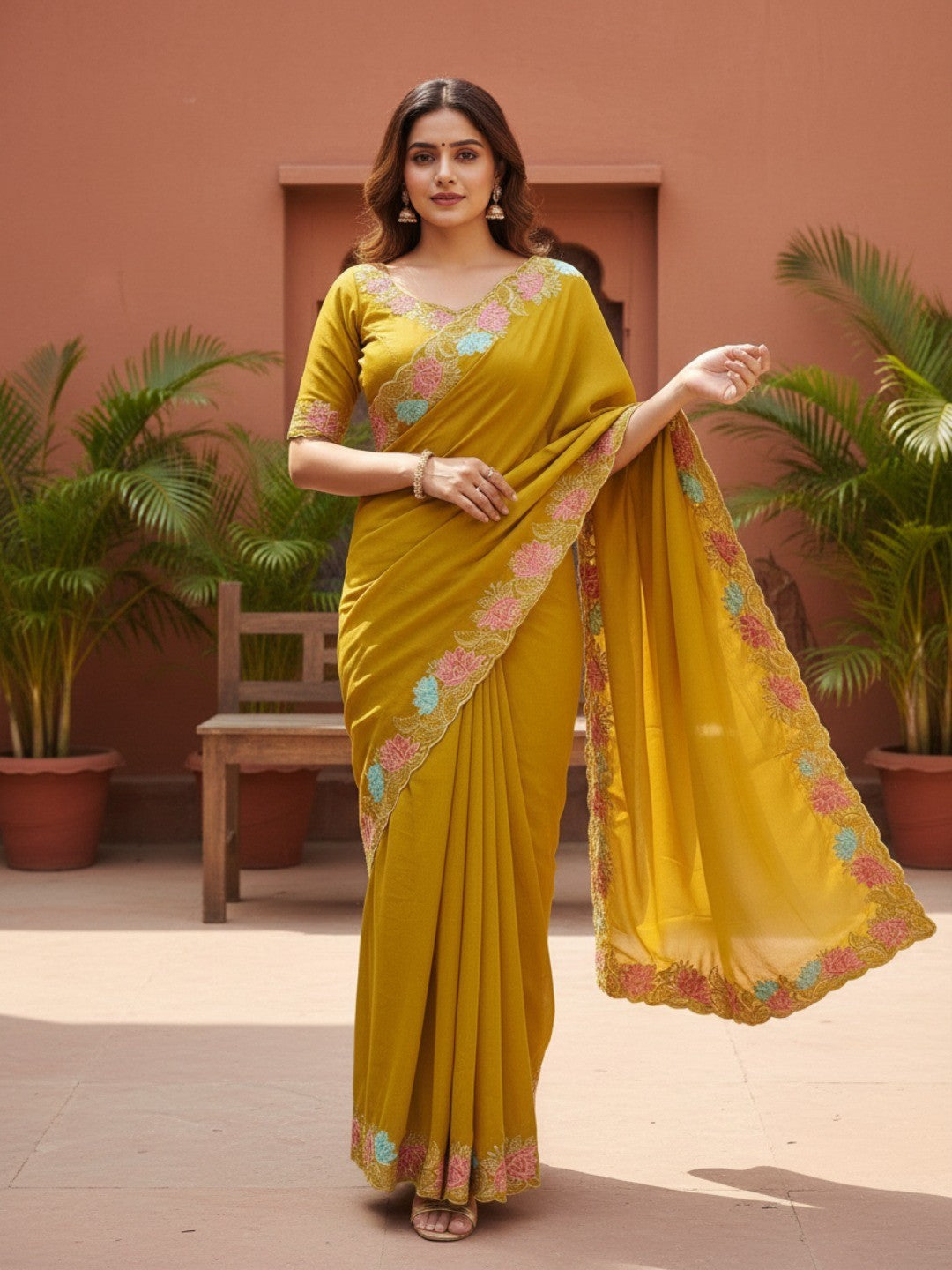 Designer Mustard Tussar Silk Saree with Premium Floral Embroidered Border Work - Image 1