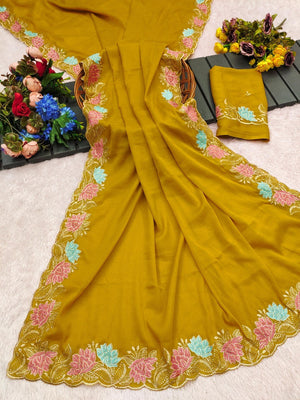 Designer Mustard Tussar Silk Saree with Premium Floral Embroidered Border Work - Image 2