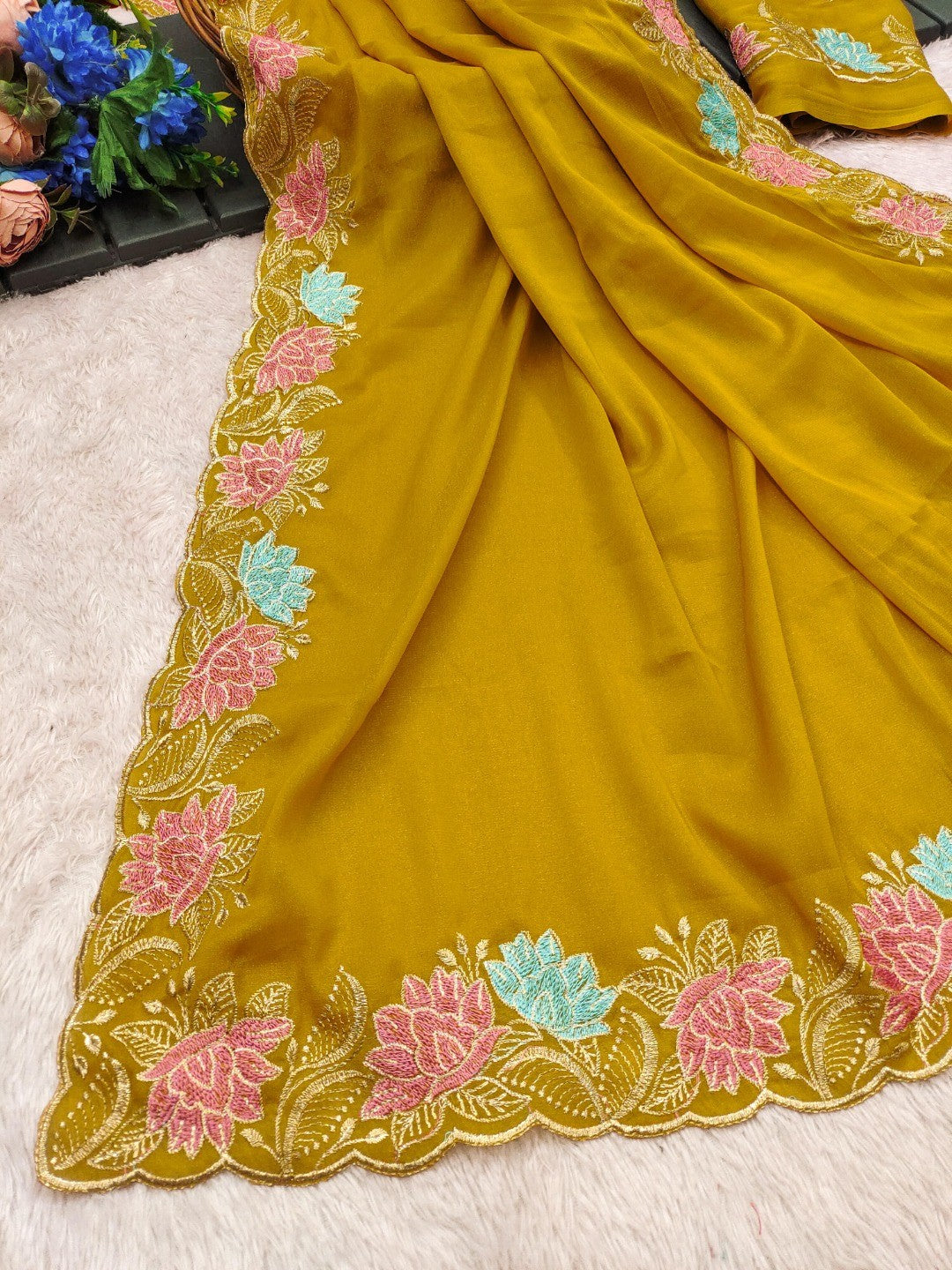 Designer Mustard Tussar Silk Saree with Premium Floral Embroidered Border Work - Image 5