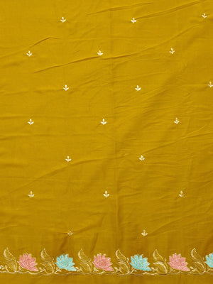 Designer Mustard Tussar Silk Saree with Premium Floral Embroidered Border Work - Image 2