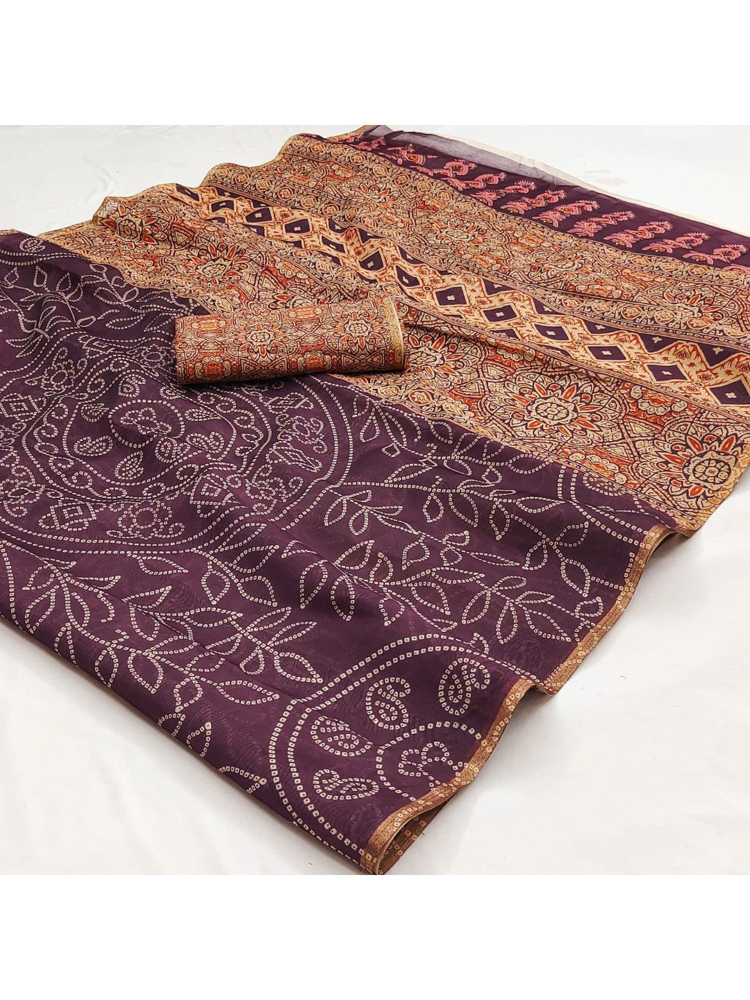 Wine Chanderi Cotton Saree with Printed Design - Image 2