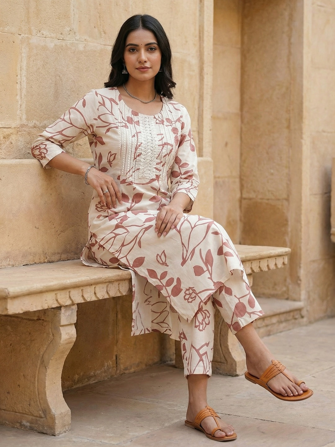 Elegant Summer Edit Offwhite Floral Printed Pure Cotton Top and Bottom Ensemble - Image 2