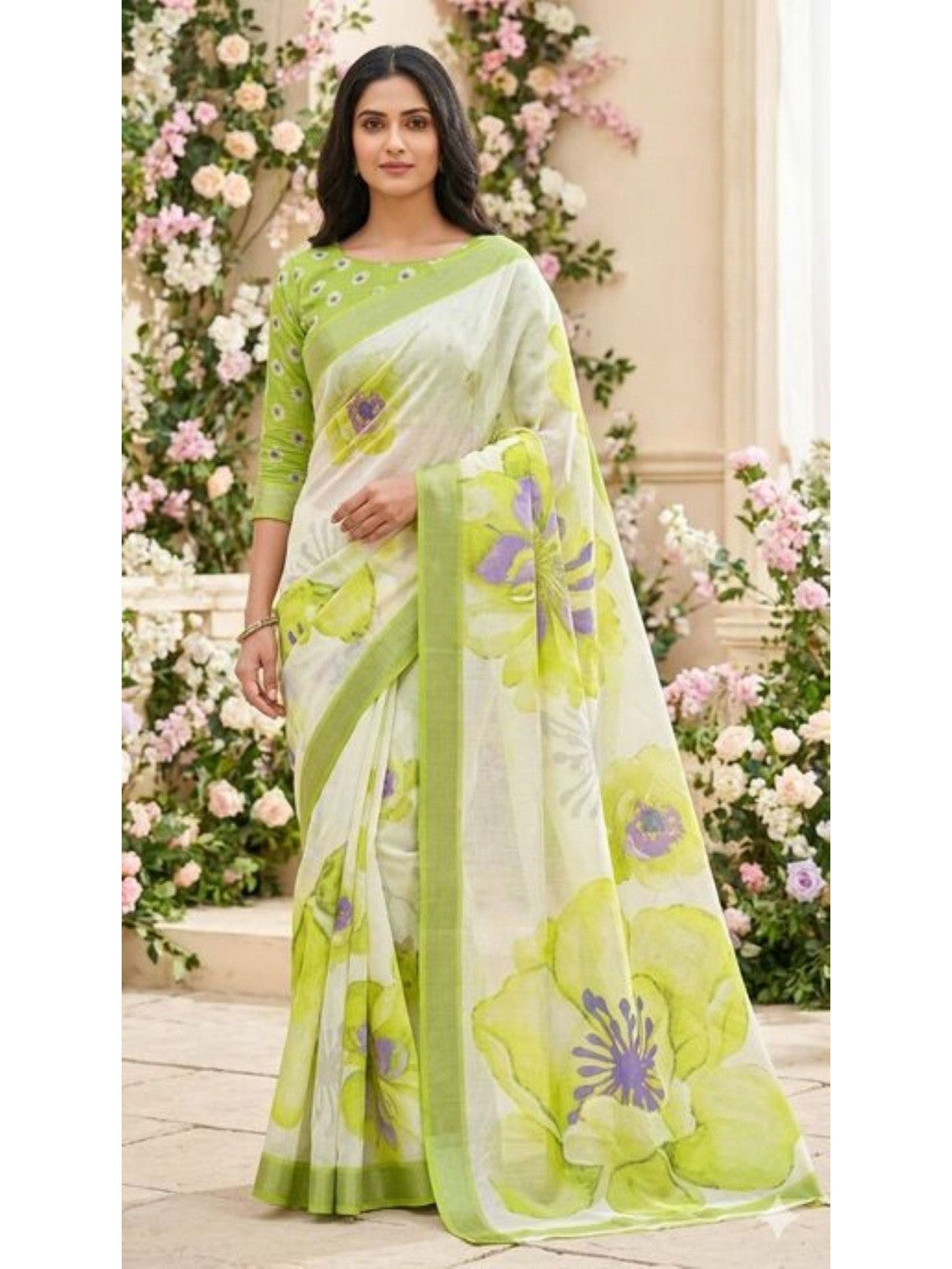 Refreshing Green Floral Digital Printed Linen Saree Accented With A Subtle Silver Border - Image 1