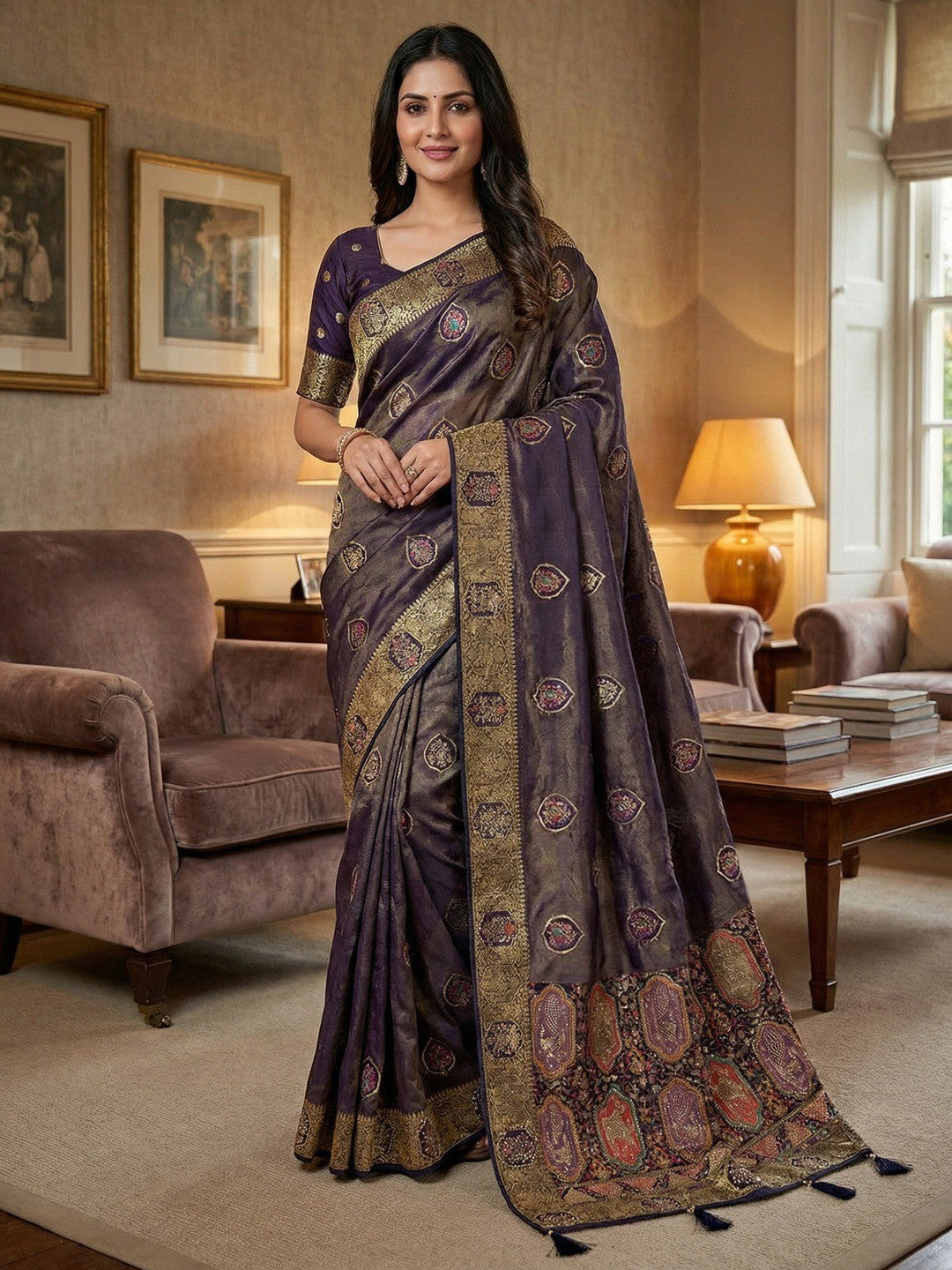 Elegant Dark Purple Floral Woven Nylon Tissue Jacquard Saree Adorned With Intricate Zarkan Work - Image 1