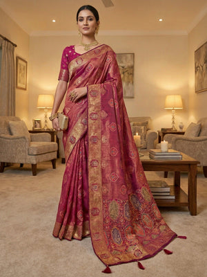 Elegant Magenta Floral Woven Nylon Tissue Jacquard Saree Adorned With Intricate Zarkan Work - Image 1