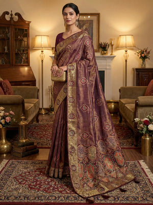 Elegant Wine Floral Woven Nylon Tissue Jacquard Saree Adorned With Intricate Zarkan Work - Image 1