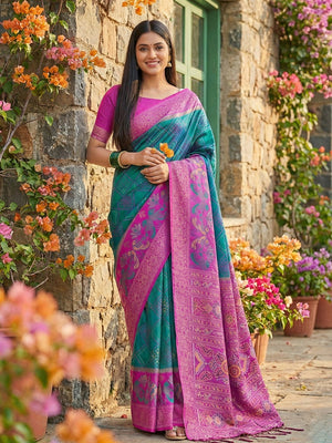 Sophisticated Teal Silk Blend Saree Highlighted By Vibrant Zari Border & Traditional Weaving Work - Image 1