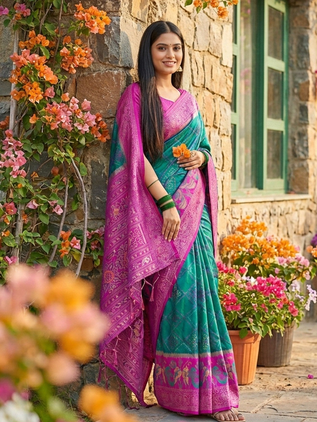 Sophisticated Teal Silk Blend Saree Highlighted By Vibrant Zari Border & Traditional Weaving Work - Image 4