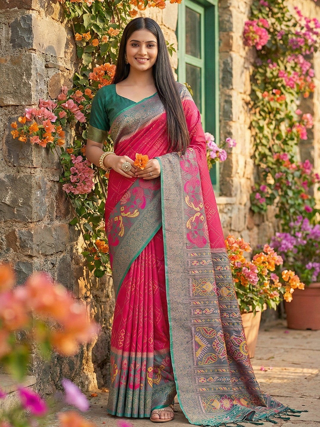 Sophisticated Pink Silk Blend Saree Highlighted By Vibrant Zari Border & Traditional Weaving Work - Image 1
