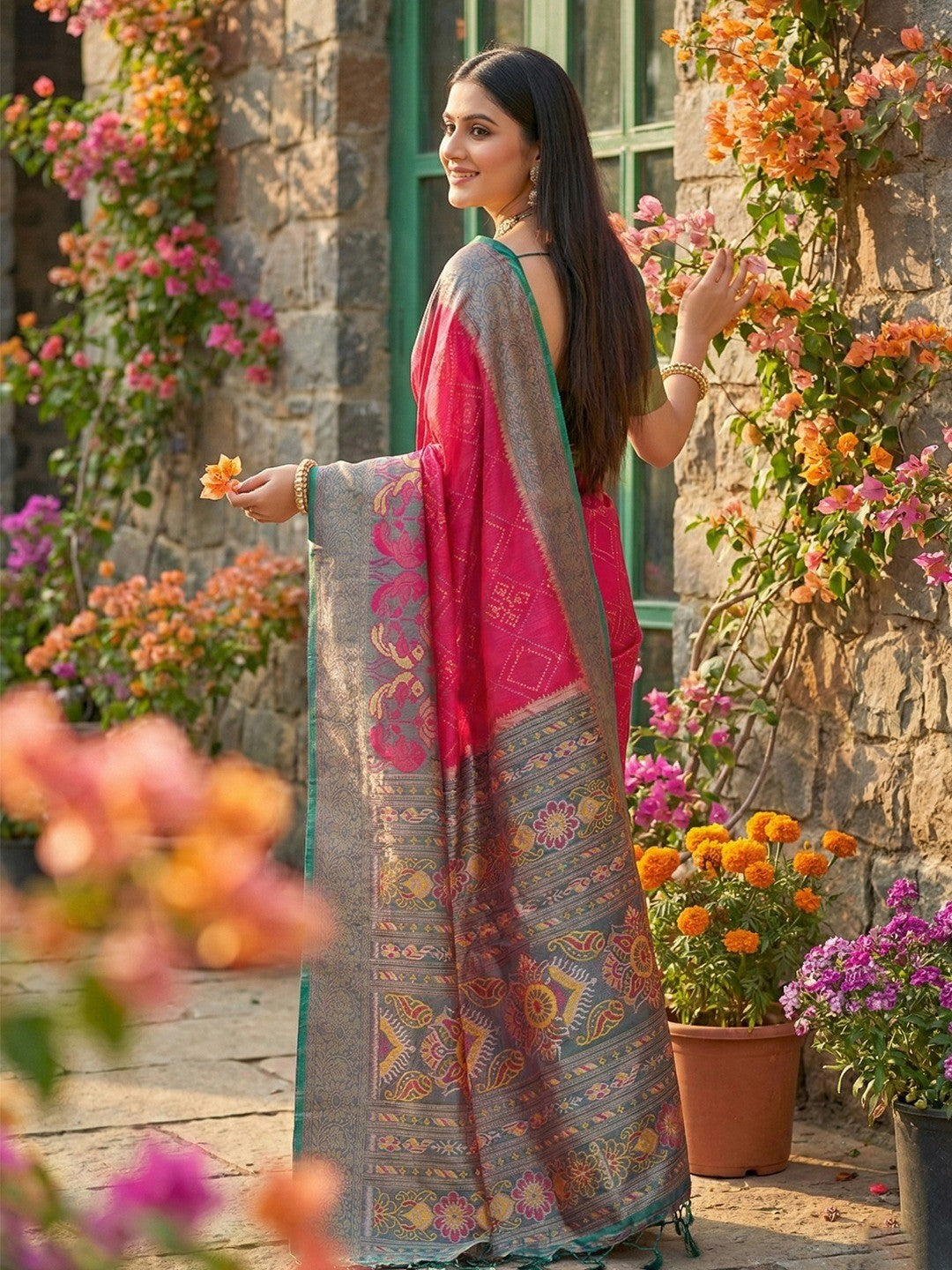 Sophisticated Pink Silk Blend Saree Highlighted By Vibrant Zari Border & Traditional Weaving Work - Image 4
