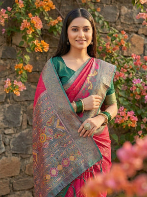 Sophisticated Pink Silk Blend Saree Highlighted By Vibrant Zari Border & Traditional Weaving Work - Image 2