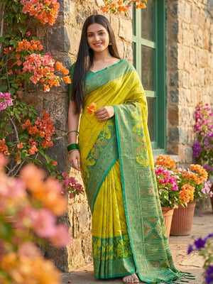 Sophisticated Green Silk Blend Saree Highlighted By Vibrant Zari Border & Traditional Weaving Work - Image 1
