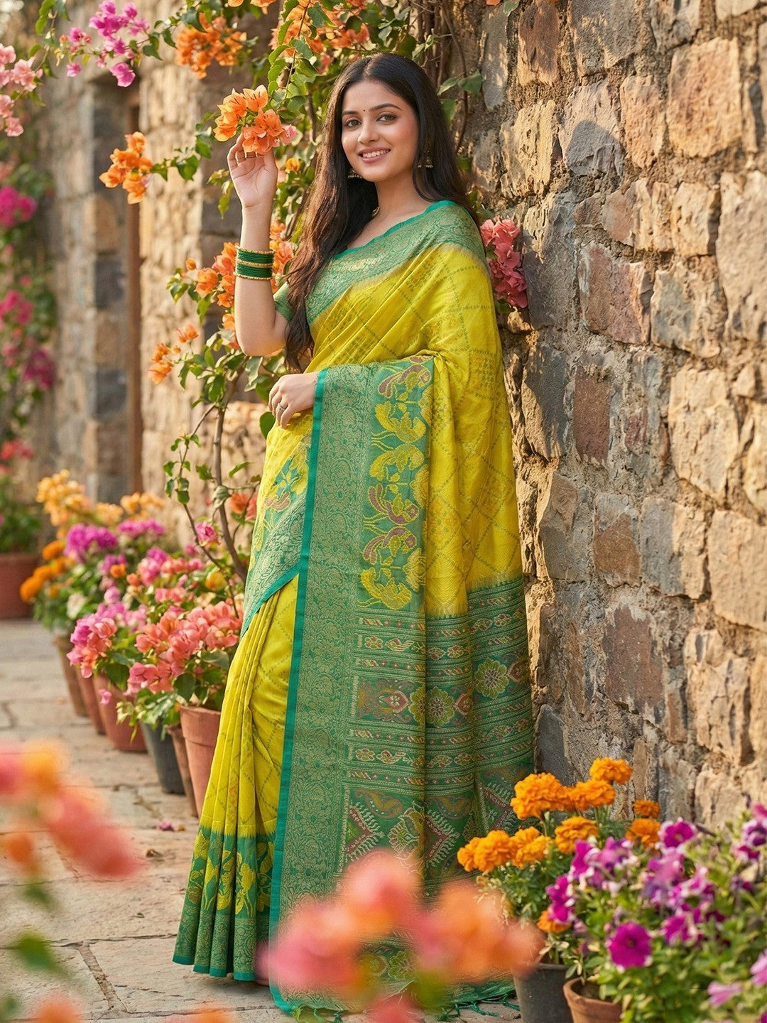 Sophisticated Green Silk Blend Saree Highlighted By Vibrant Zari Border & Traditional Weaving Work - Image 4