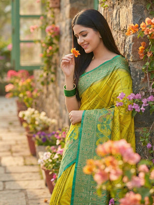Sophisticated Green Silk Blend Saree Highlighted By Vibrant Zari Border & Traditional Weaving Work - Image 2