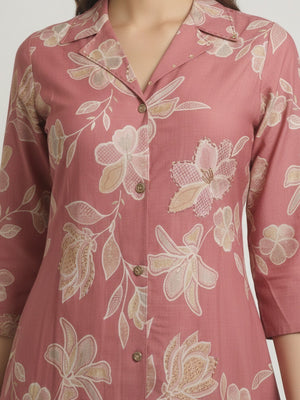 Trendy Pink Floral Printed Viscose Kurti with Formal Collared Neck Style - Image 2
