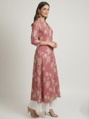Trendy Pink Floral Printed Viscose Kurti with Formal Collared Neck Style - Image 2