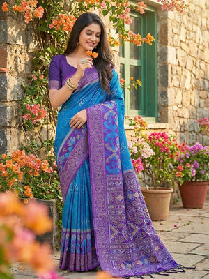 Sophisticated Blue Silk Blend Saree Highlighted By Vibrant Zari Border & Traditional Weaving Work - Image 1