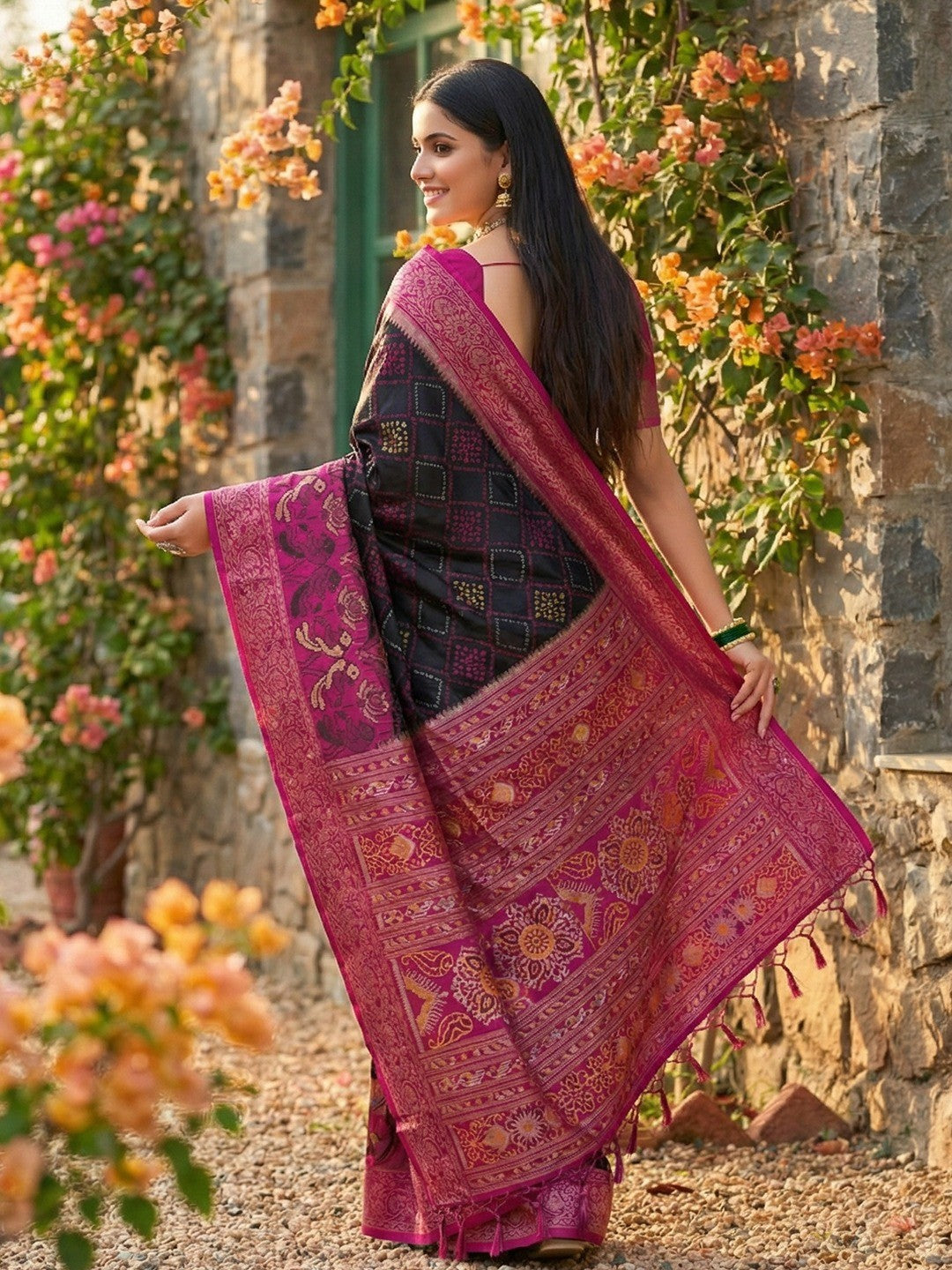 Sophisticated Black Silk Blend Saree Highlighted By Vibrant Zari Border & Traditional Weaving Work - Image 3